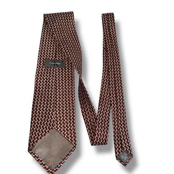 Calvin Klein Brown Silk Geometric Necktie Mid Century Modern Classic - Picture 8 of 12